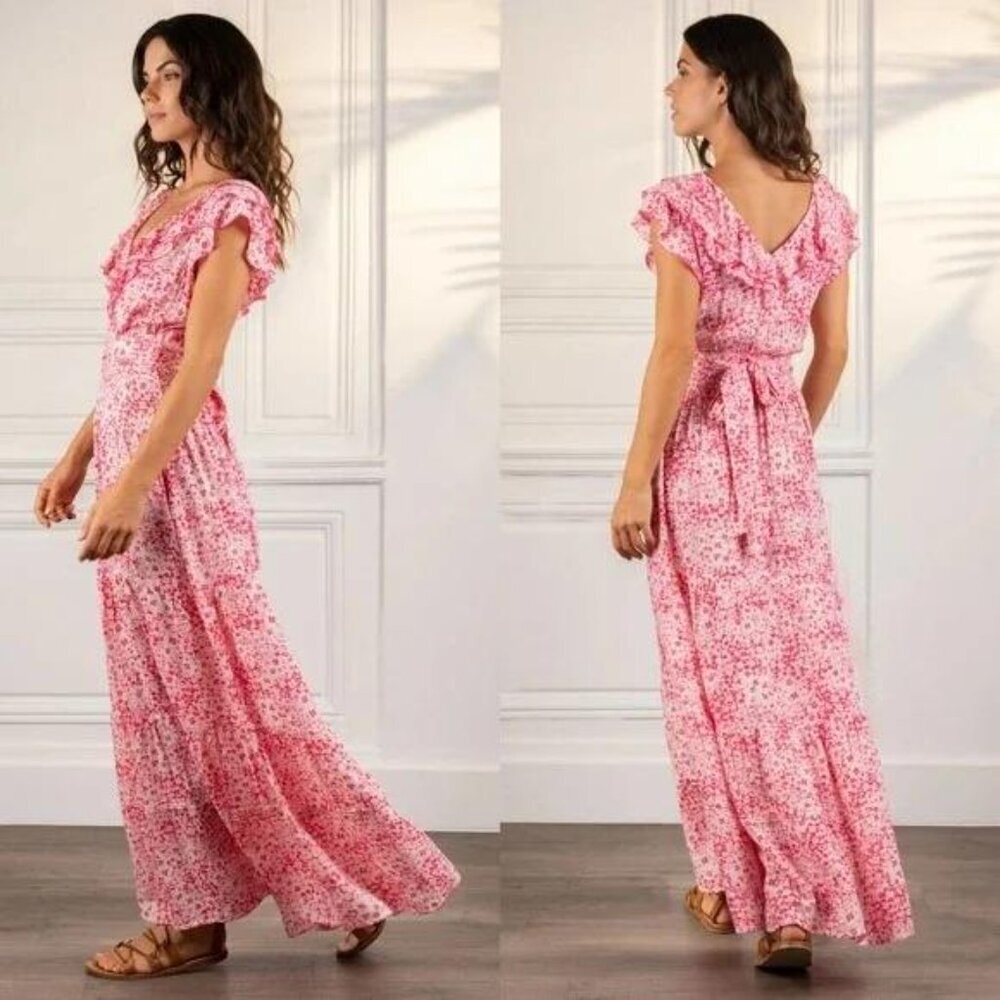 POUPETTE ST BARTH Della Long Dress Pink Floral Maxi $390 - Picture 2 of 13